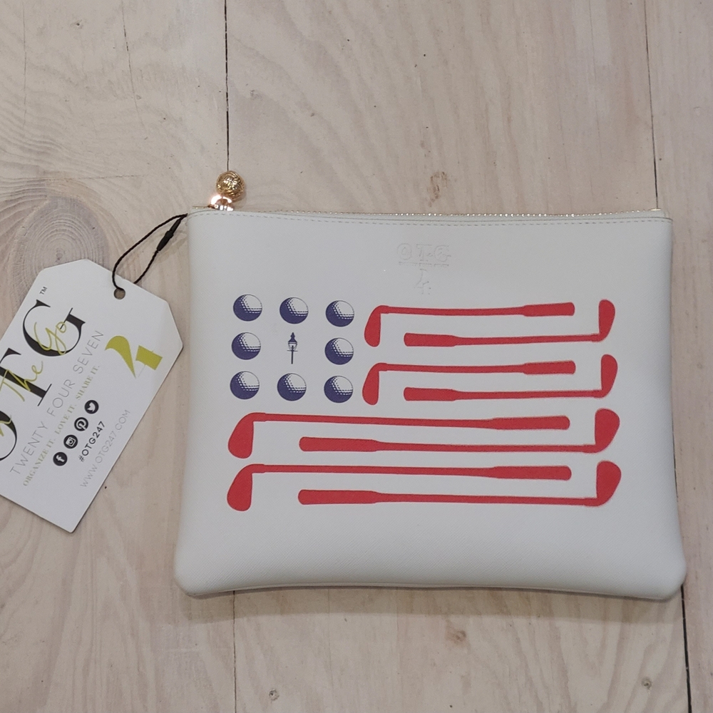White Clutch with Red and Blue Golf Design